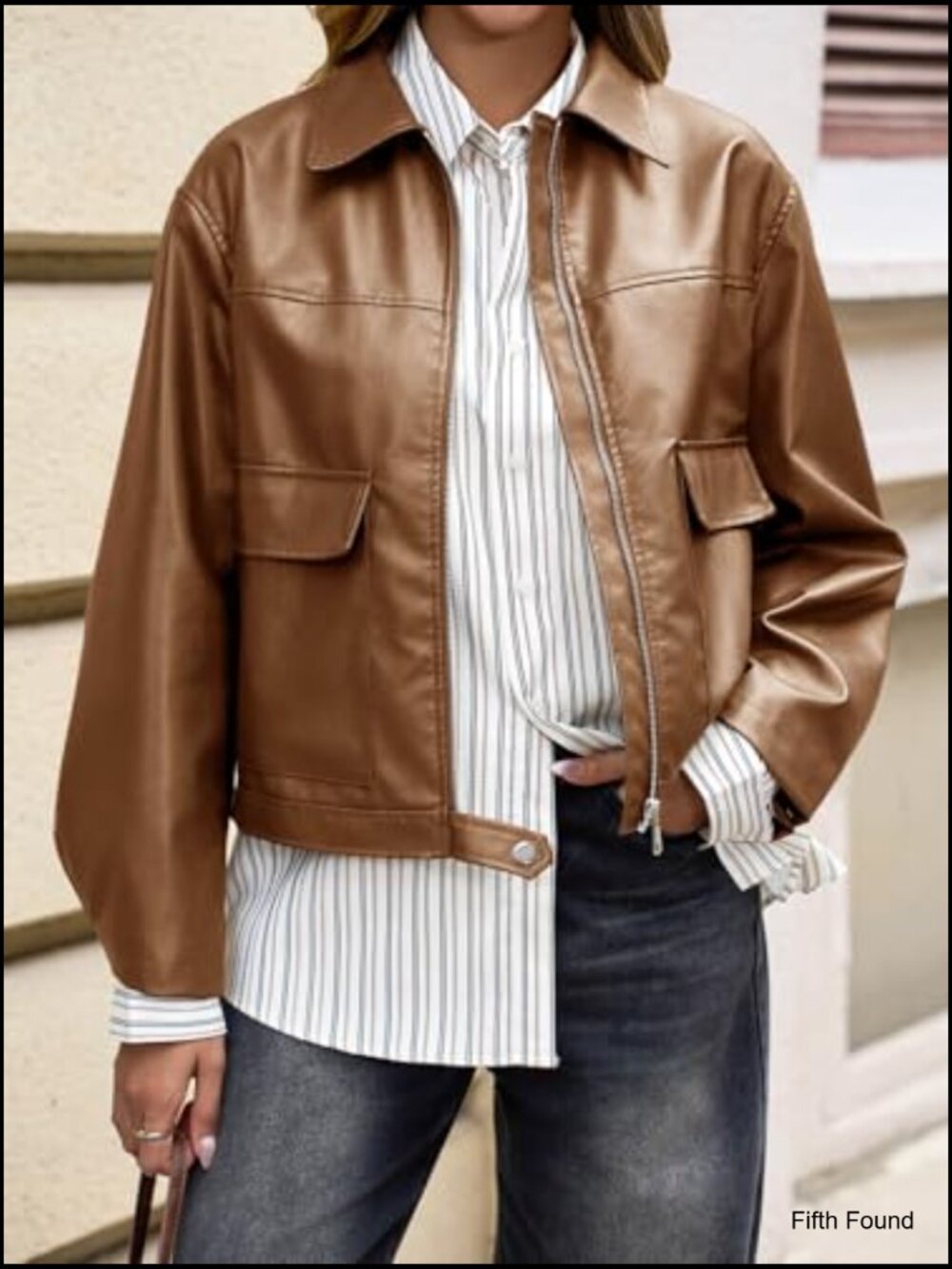 Faux Leather Cropped Bomber Jacket Zip Up Moto Coat - Picture 4 of 7